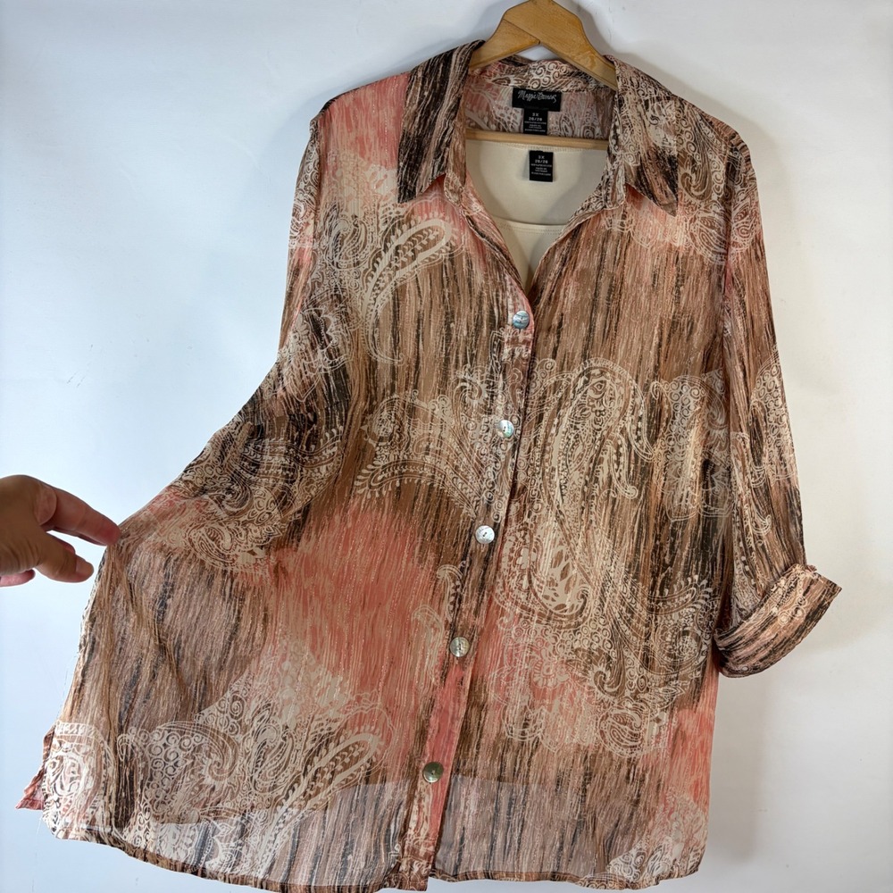 Maggie Barnes Blouse Set Women 3X Pink Paisley Metallic Button Down 2pc - Picture 4 of 9